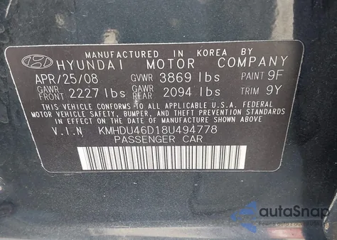 2008 Hyundai Elantra Gls/Se z USA, uszkodzony, nr VIN KMHDU46D18U494778